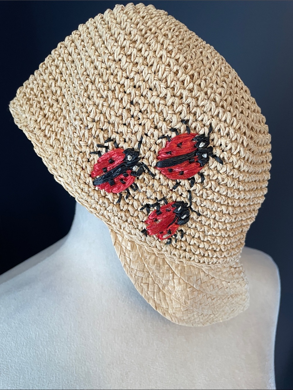 Beige Straw Women's Sun Hat with Red Ladybug Embroidery
